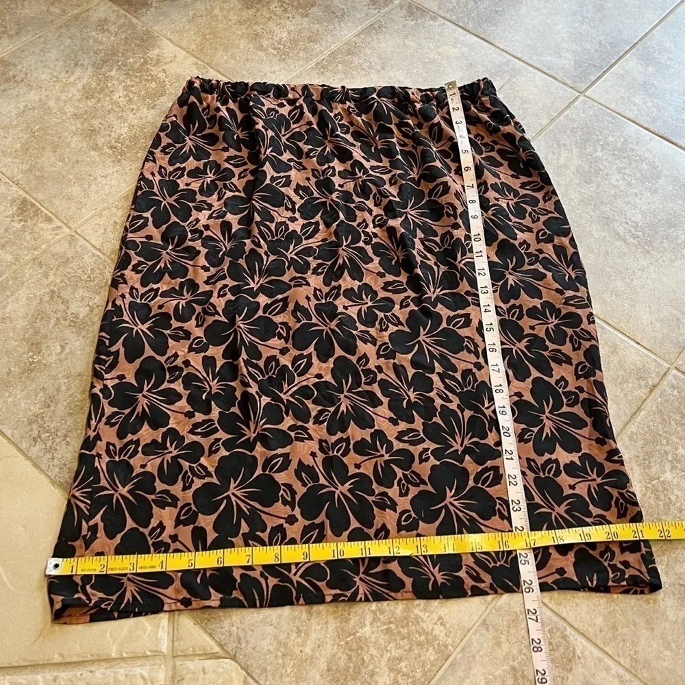 Flora Kung Vintage Silk Pull on Floral Midi Skirt Brown Black Size 14 mid rise